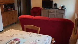 A cozy living area with a red sofa, a dining table with a floral tablecloth, a television, and a kitchen area with wooden cabinets.