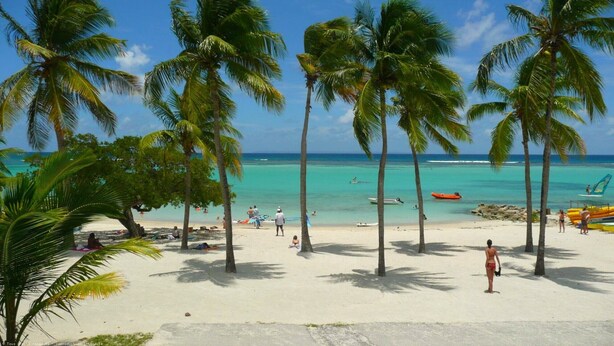 Une plage bordée de palmiers, avec une eau turquoise et limpide, et quelques bateaux.