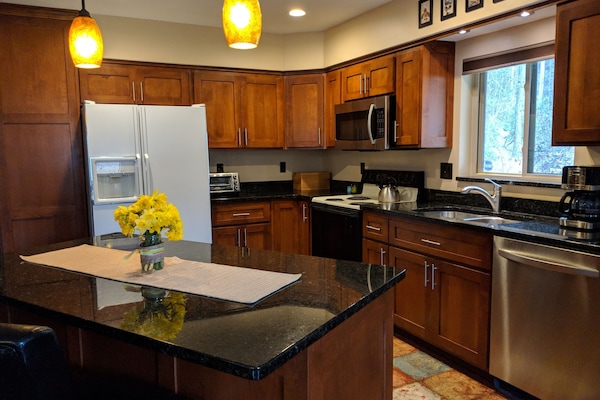 Refrigerator, toaster oven, microwave range, dishwasher, coffee maker