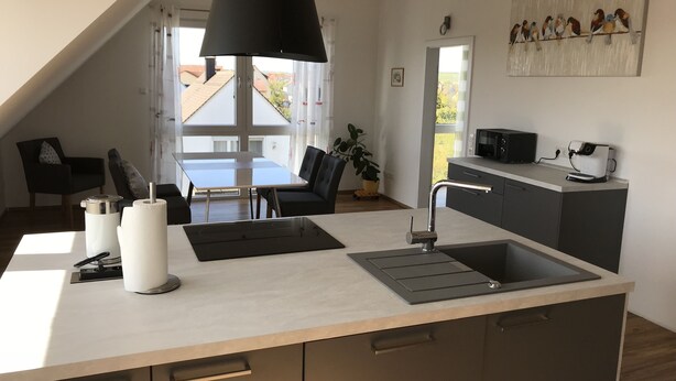 Eine moderne Küche mit einer zentralen Kochinsel, einem Essbereich mit Tisch und Stühlen und Blick ins Freie.