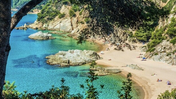 A coastal beach with clear waters, rocky outcrops, and a sandy shore.