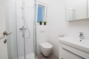 Douche, sèche-cheveux, serviettes fournies, papier toilette