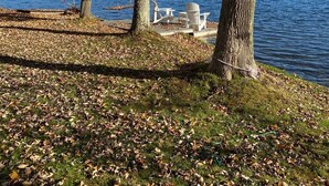 Un parc au bord du lac, avec des arbres, une jetée et un drapeau.