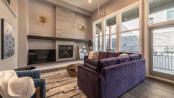 Flat-screen TV, fireplace, video games, books