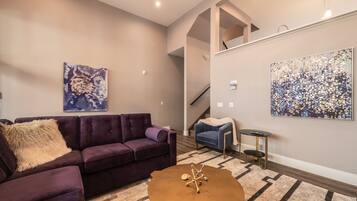 Flat-screen TV, fireplace, video games, books