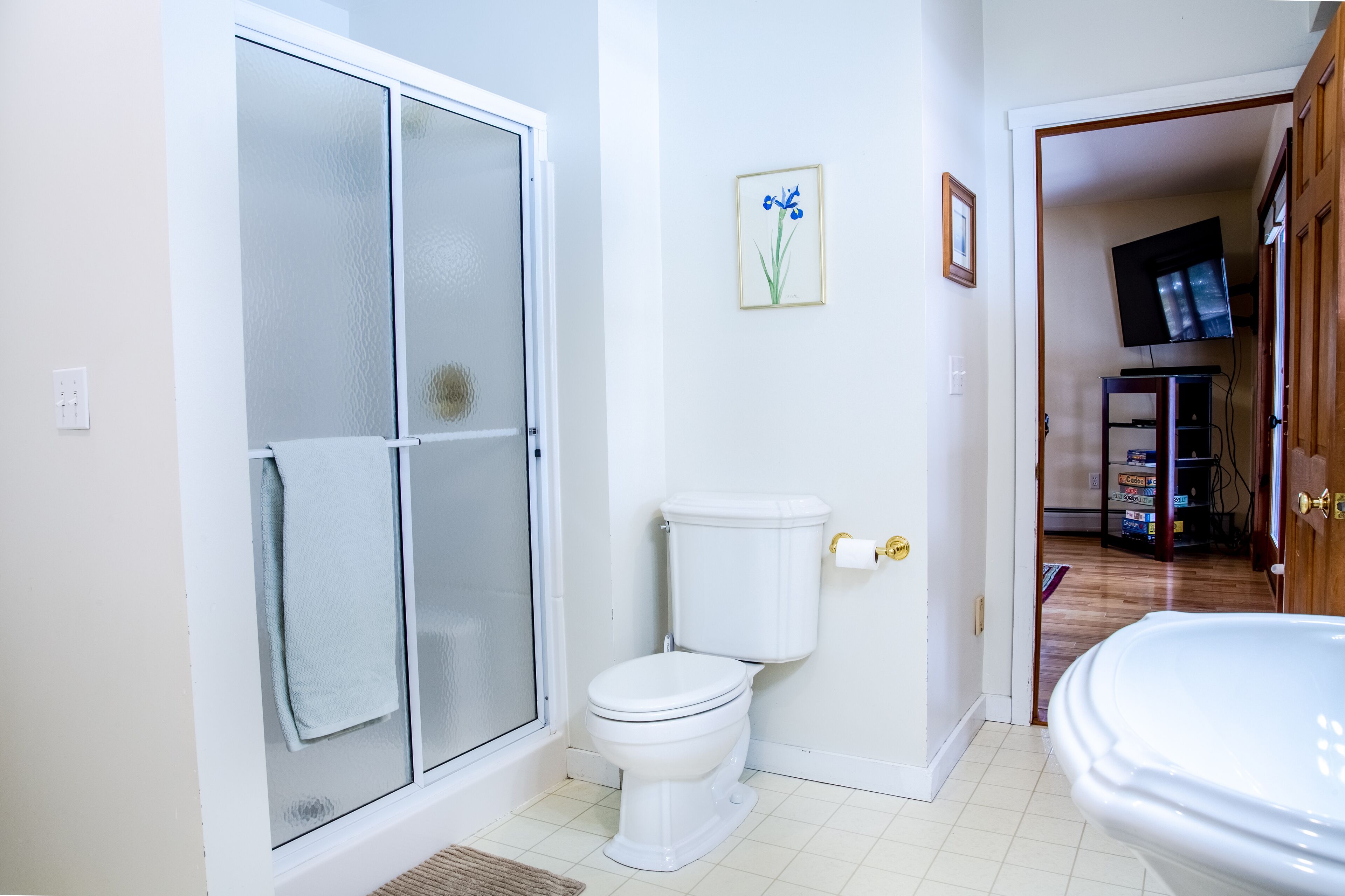A bathroom with a toilet, a glass shower enclosure, and a sink.