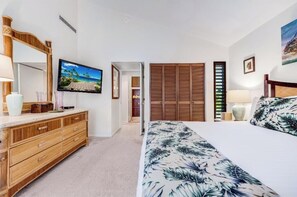 Un dormitorio con cama, televisor, cómoda de madera y armario.