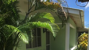 A green house with a white balcony, surrounded by palm trees. - Froggy’s Guest House (Westmoreland)