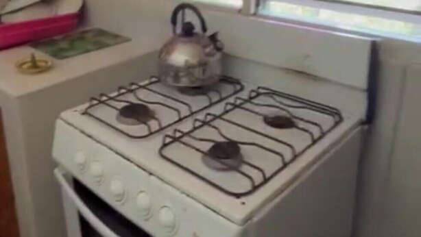 A compact kitchen with a gas stove, a kettle, and wooden cabinets. - Froggy’s Guest House (Westmoreland)
