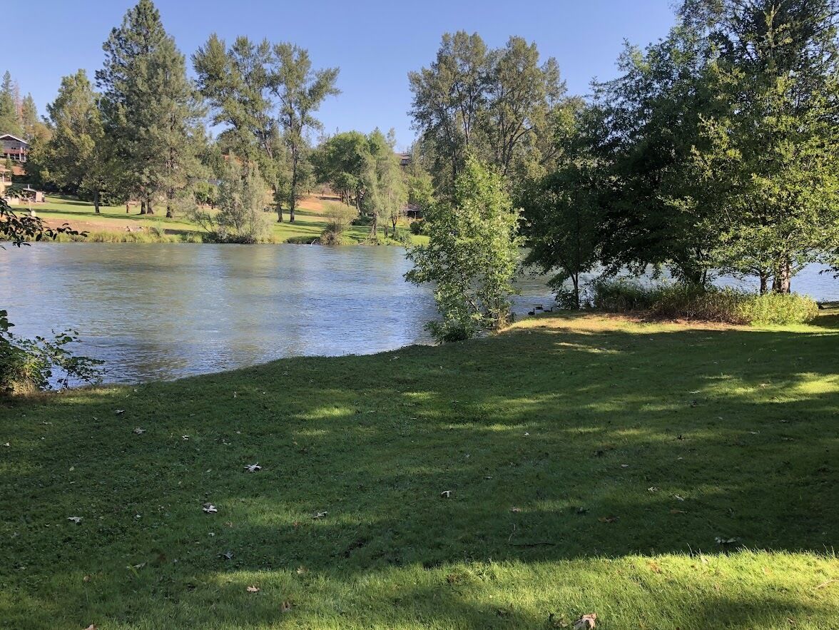Un área verde con un lago, árboles y una casa al fondo.