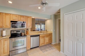 Fridge, microwave, dishwasher, coffee/tea maker