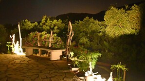 Un espacio al aire libre de noche con un sendero de piedra, un banco y diversas plantas.