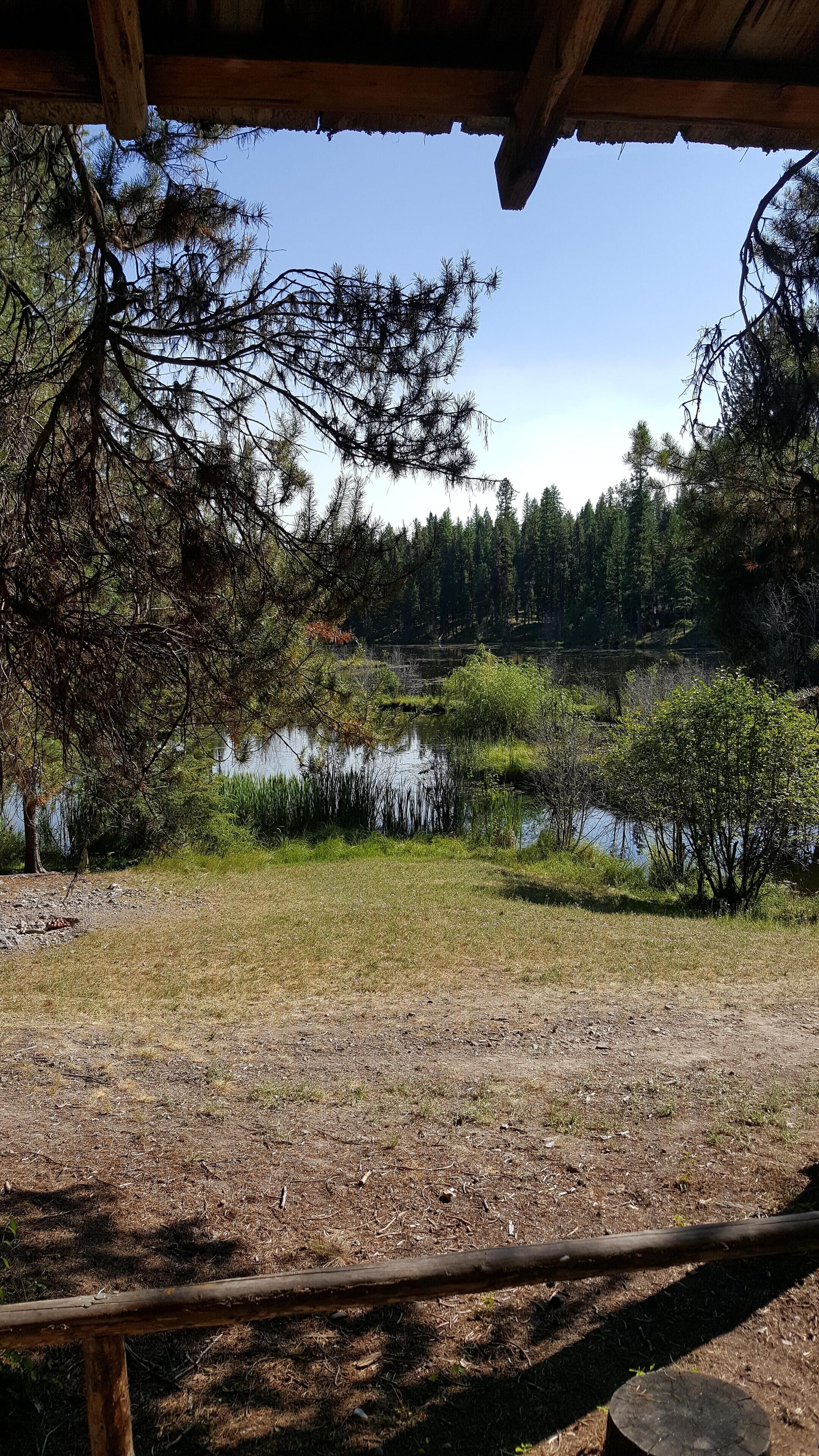 A view from a wooden structure overlooking a lake surrounded by dense forest.