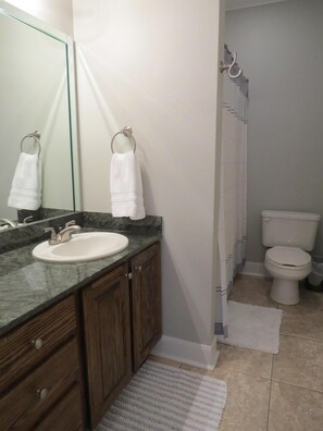 Combined shower/bathtub, hair dryer, towels, soap