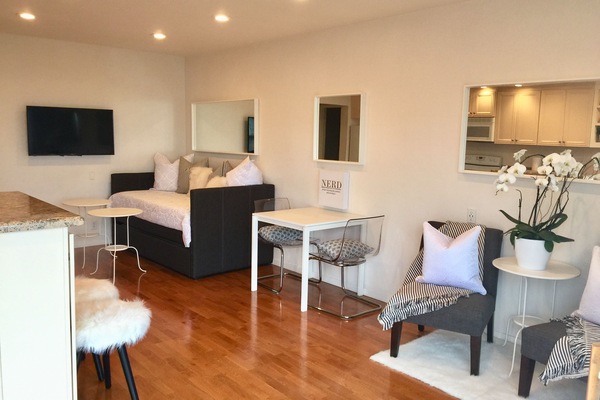 Main Room: Daybed/Trundle, Kitchen Table & Chairs, Reading Chairs, TV & Kitchen