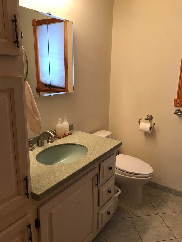 A bathroom with a sink, toilet, and a mirror above the sink.