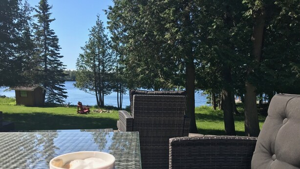 Une table en verre avec une tasse de café, des meubles en osier et une vue sur un lac, avec des arbres et un petit bâtiment en arrière-plan.