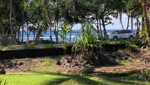 A serene outdoor area with a pond, lush greenery, and a view of the sea.