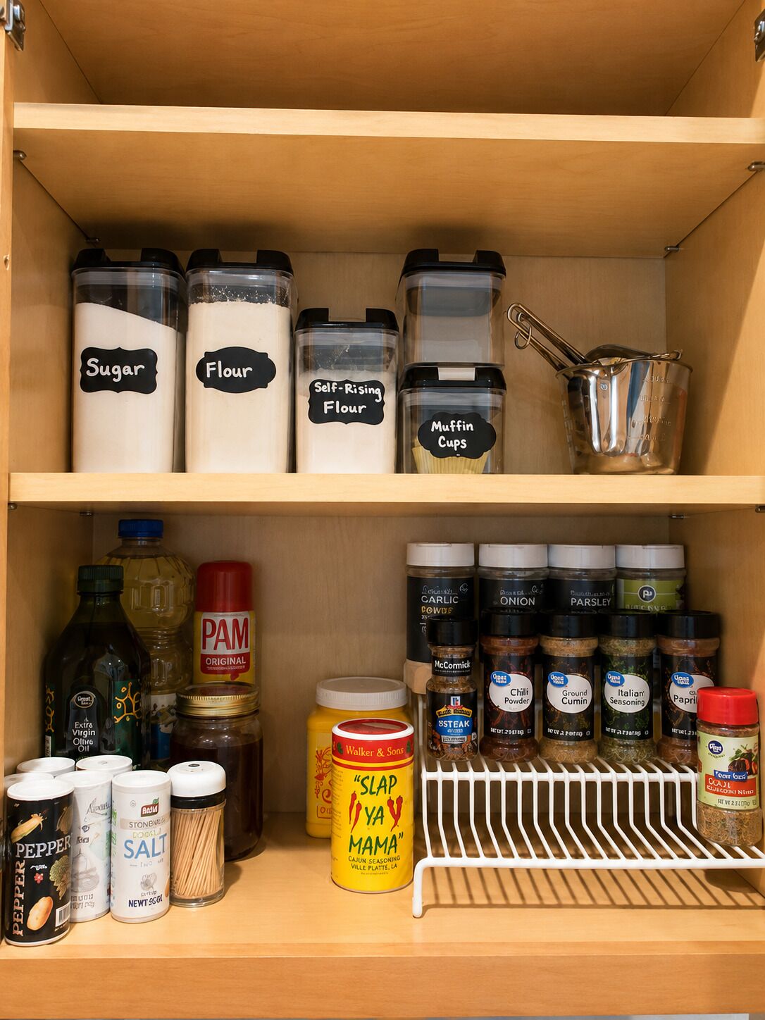 Una despensa de cocina con recipientes de almacenamiento etiquetados para azúcar, harina, harina leudante y cápsulas para muffins.