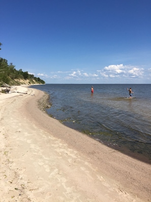 A beach with clear water, a sandy shore, and trees in the background.