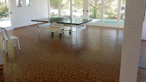 Una habitación amplia con mesa de ping pong, una silla blanca y grandes ventanales que dan a vistas de follaje.