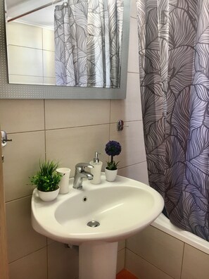 Bañera, secador de pelo, toallas y papel higiénico