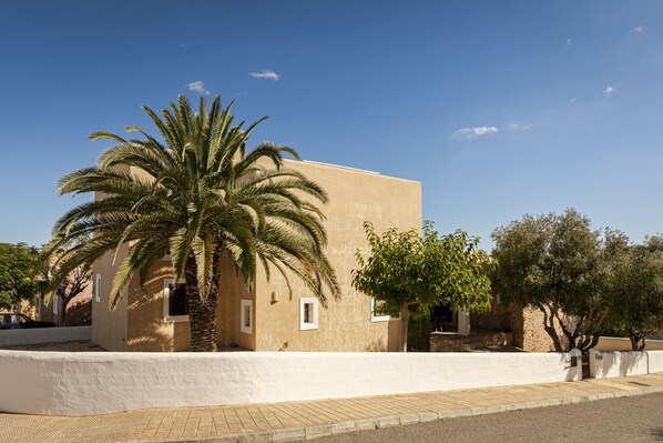 A building with a flat facade, a palm tree in the foreground, and a clear blue sky.