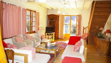 Télévision à écran plat, cheminée, lecteur de DVD