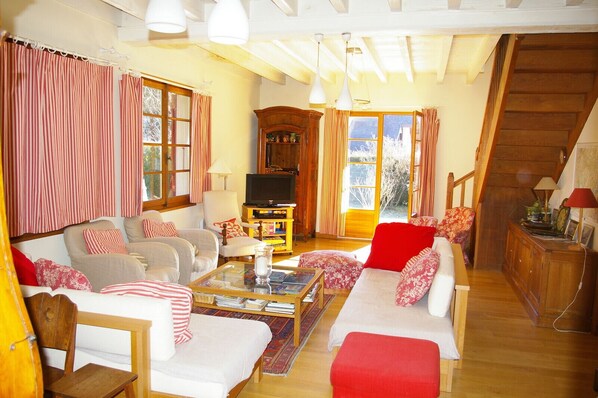 Télévision à écran plat, cheminée, lecteur de DVD