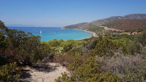Un paisaje costero con vista despejada al mar, un sendero de arena y abundante vegetación.