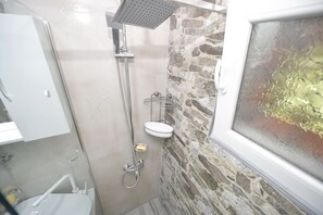 Combined shower/bathtub, jetted bath, hair dryer, towels