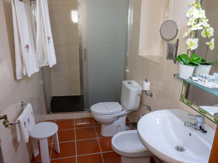 A bathroom with a toilet, bidet, sink, and shower.