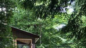 Eine Holzhütte mit einem großen Glasfenster, umgeben von dichtem Wald.