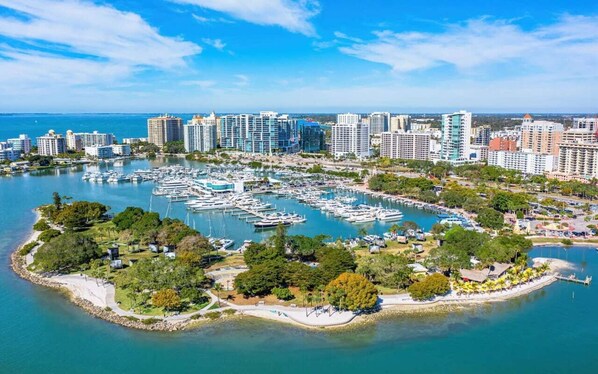 Enjoy waterfront views and easy access to boating from this marina surrounded by residential buildings.
