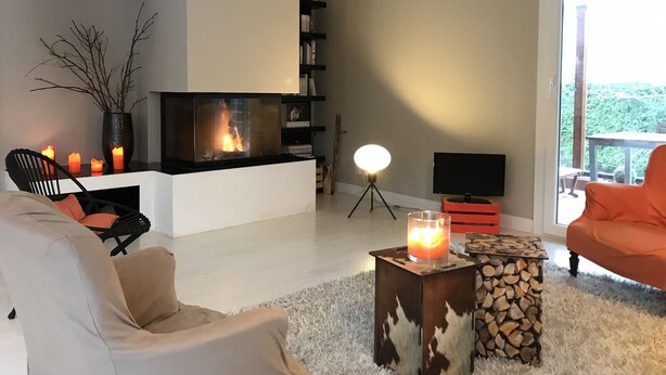 A modern living room with a fireplace, a bookshelf, a flat-screen TV, and a cozy seating area. - SEVRIER,Plain pied, Spacieuse Villa, jardin, 8pers (Sévrier)