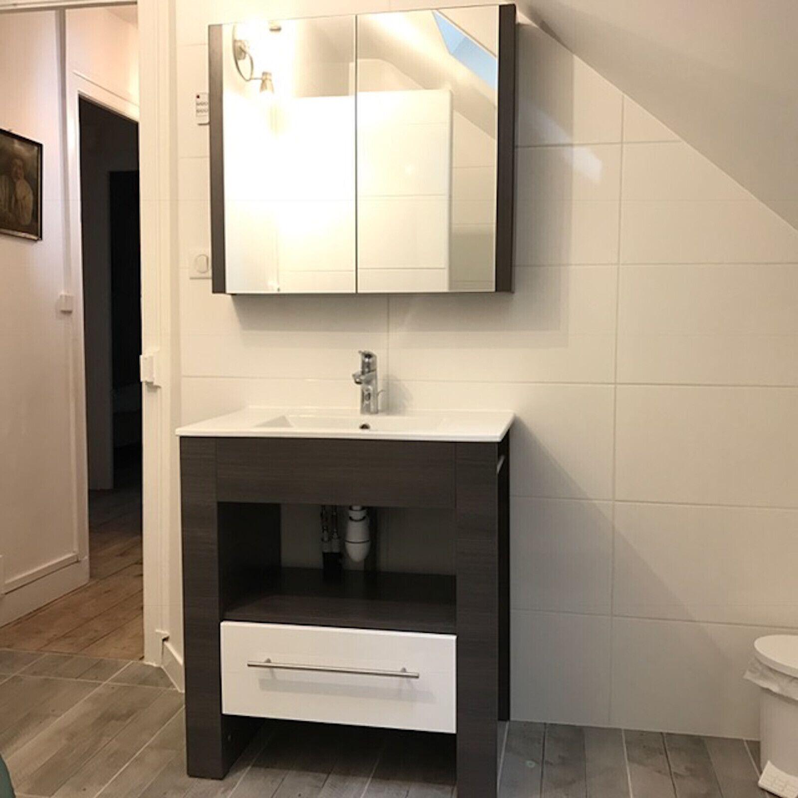 Une salle de bain avec un lavabo blanc, un meuble-lavabo foncé et un miroir au-dessus du lavabo.