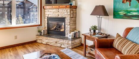 Smart TV, fireplace, books