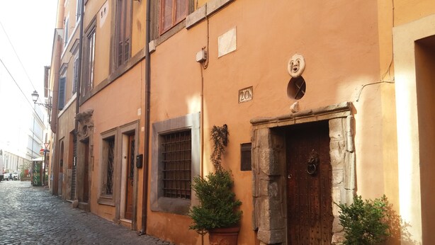 A cobblestone street with buildings featuring traditional architecture, including a wooden door and potted plants. - COLOSSEUM a stone's throw from (Roma)