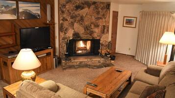TV, fireplace, DVD player, video library