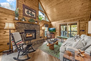 Una Smart TV, una chimenea, un reproductor de DVD, libros