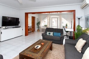 Una Smart TV, una chimenea, videojuegos, un reproductor de DVD