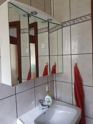 Bathroom features a sink, mirror, and towel rack.