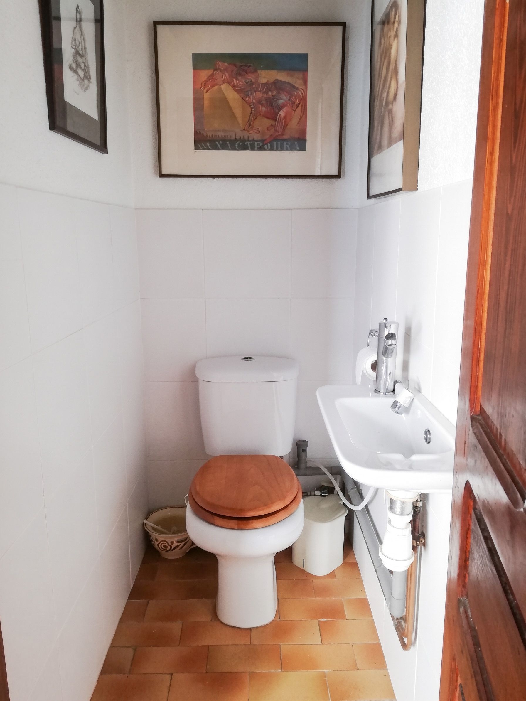 Un baño pequeño con inodoro blanco, asiento de madera, lavamanos blanco y un cuadro enmarcado sobre el inodoro.