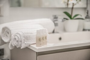 Shower, hair dryer, bidet, towels