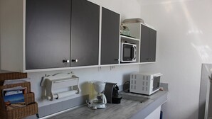 A kitchen with grey cabinets, a microwave, a coffee maker, and a basket of magazines. - Between CALVI and ILE ROUSSE  (Lumio)