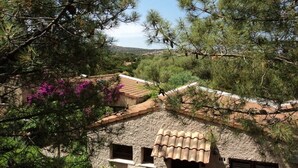 A rustic building with a tiled roof, surrounded by pine trees and purple flowers. - Between CALVI and ILE ROUSSE  (Lumio)