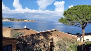 A coastal view with buildings, a tree, and the sea. - Between CALVI and ILE ROUSSE  (Lumio)