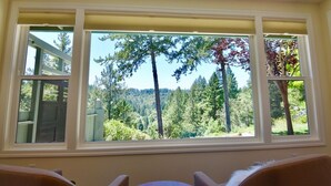 A room with a large window offering a view of a forested area. There is a round table with two chairs in the foreground.