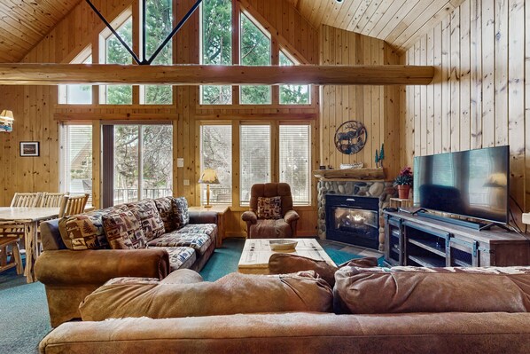 Televisio, takka, DVD-soitin, kirjoja