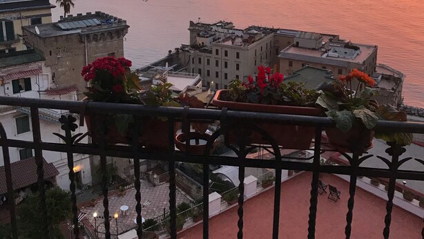 Un balcón con plantas en macetas y vista a un mar tranquilo al atardecer.